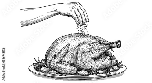 Vintage Ink Sketch Hand Sprinkling Spices on Thanksgiving Turkey – Hand Drawn doodle Ink Sketch black and white illustration vector, Engraving Style or Woodcut SVG