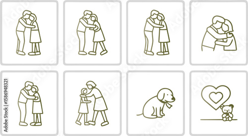 People hugging dog and teddy bear with heart embrace couple