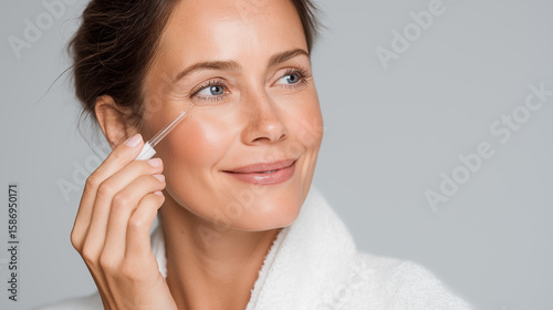 Smiling woman applying face serum on pink background