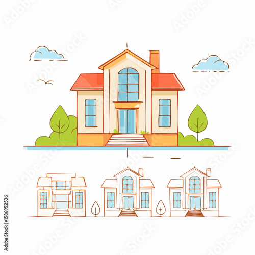 Architectural Drawings, Minimal style cad building house drawing, Side view, set of section outline for landscape design drawing. Vector illustration in separate element