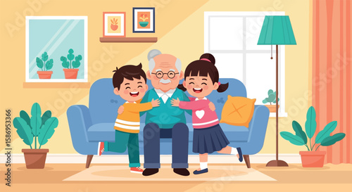 Happy Grandparent with Grandchildren at Home