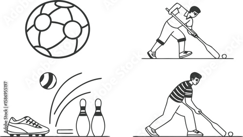 Sports illustrations with ball bat and pins soccer ball baseball bat