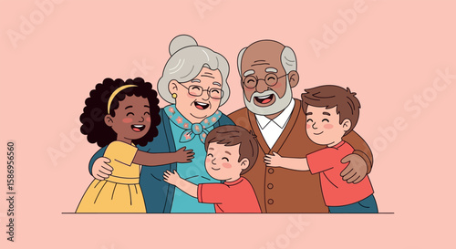 Happy Grandparents with Grandchildren Hugging
