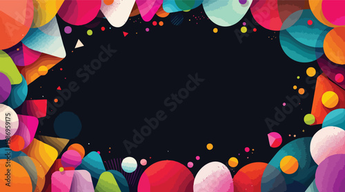 Colorful abstract geometric shapes and elements forming a border on a dark background.