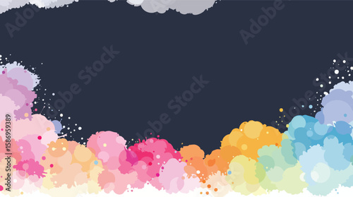 Colorful artistic splatter paint brush stroke frame design on a dark background.