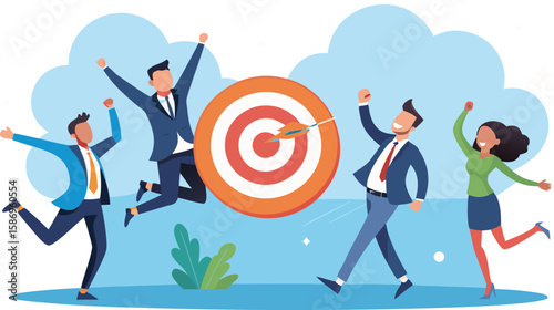 Four diverse people celebrating success with a dart hitting a bullseye on a target celebration