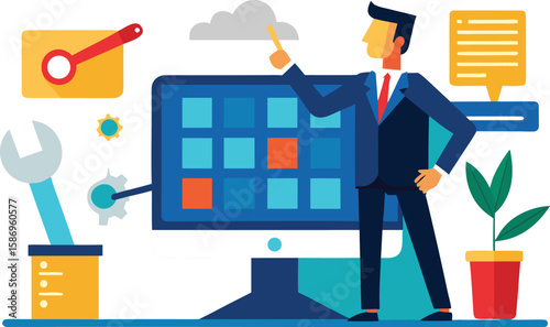 Man in suit interacting with computer screen and tools in flat vector style