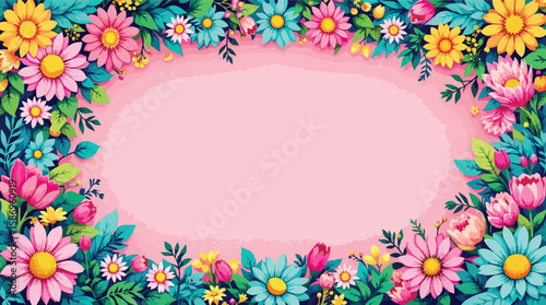 Colorful floral frame border with blossoming flowers and leaves on pink background.