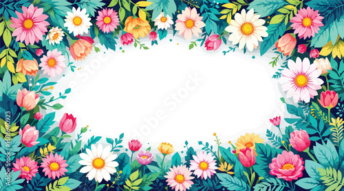 Colorful floral frame design with various flowers and green leaves for decorations.