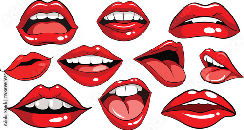 Collection of glossy red lips with white teeth and black outlines in various open and closed positions