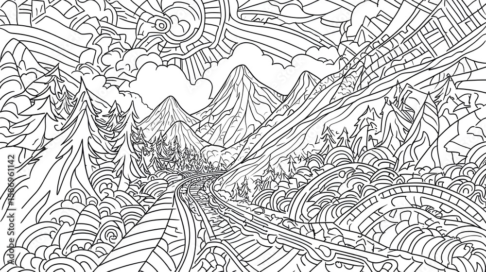 Fototapeta premium Detailed mountain landscape design for coloring book.