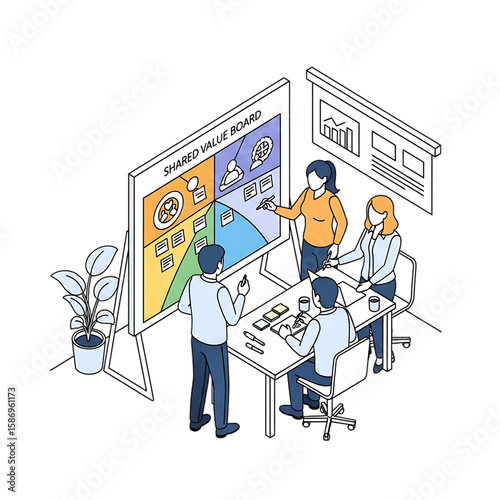 Office team planning project on whiteboard and screens.