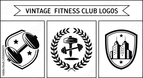 Vintage fitness club logos with dumbbells and buildings weights barbell