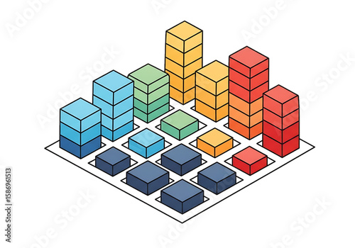 Isometric chart of buildings sorted by value or performance.