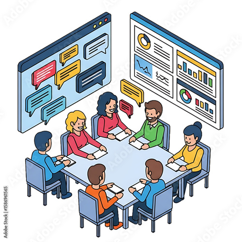 Diverse team in a strategy session with digital dashboards.