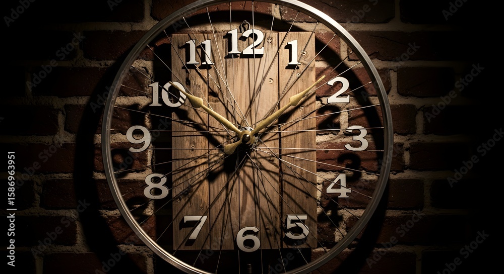 Obraz premium Rustic bicycle wheel clock with wooden face mounted on a brick wall