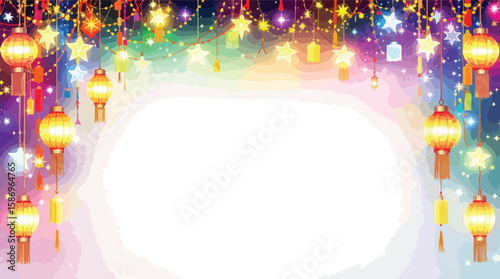Festive lanterns and star decorations with blank space for special occasions and celebrations.