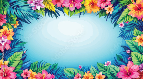 Tropical floral frame with vibrant hibiscus flowers and palm leaves for background.