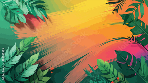Tropical illustration featuring bright colors botanical leaves and a brushstroke sunset vibe.