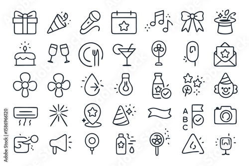 Party & Celebration Icon Set  35 Line Style Vectors for Events, Fun & Festive Design