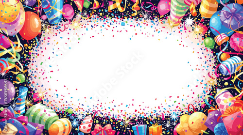 Vibrant celebration frame with balloons confetti streamers gifts and festive decorations.