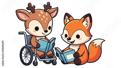 Adorable cartoon deer in wheelchair and fox reading book together illustration for children