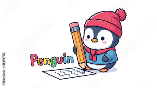 Cute Cartoon Penguin with Hat, Scarf, and Pencil Drawing on Paper Illustration