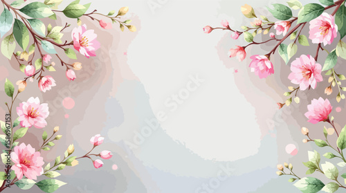 Watercolor illustration of blooming cherry blossom branches on a soft neutral background.