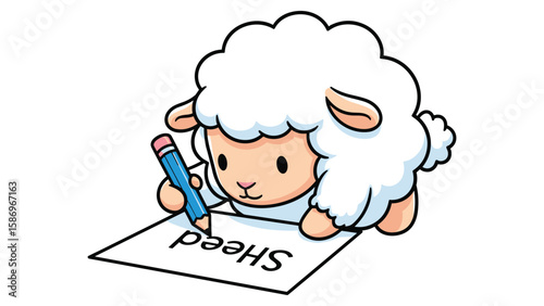 Cartoon Sheep Writing on Paper, Cute Lamb Character Drawing with a Pencil, Educational Clip Art