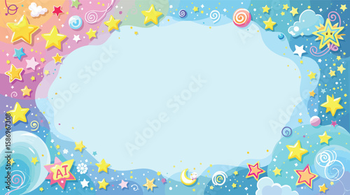 Whimsical cartoon illustration featuring stars clouds and swirls with blank center space.