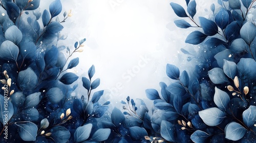 Elegant watercolor illustration with blue leaves and golden accents, ideal for backgrounds