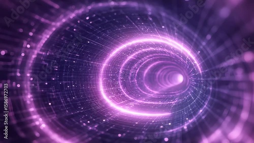 A luminescent purple tunnel with concentric glowing rings and grid-like textures