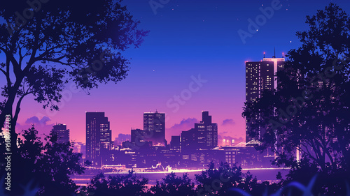 1980年代の日本アニメ風に描かれた深夜の都会とビル群の風景イラスト｜眠らない街の光と影、ノスタルジックな配色と構図が印象的なレトロテイストの幻想的な夜景作品