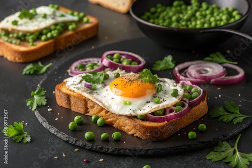 Fried Egg and Pea Toast with Red Onion, sandwich with salmon and vegetables