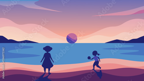 Background Scene of Two Children Silhouettes Playing on the Beach at Sunset