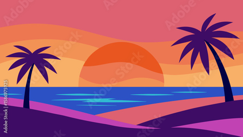 Cartoon Background Art a Cheerful Tropical Sunset Vibrant Playful Illustration