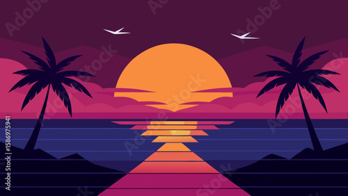 Stylized Game Background Featuring a Dramatic Sunset Illustration for Adventure