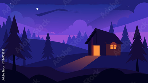 Background Scene of a Lonely Cabin in the Woods at Sunset Tranquil