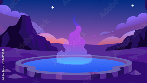 Background Scene of a Mystical Hot Spring at Twilight Serene View