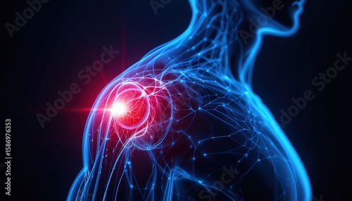 Painful shoulder joint highlighted in a medical illustration.