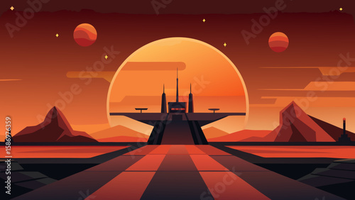 Background Scene of a Futuristic Spaceport at Sunset Sci Fi View