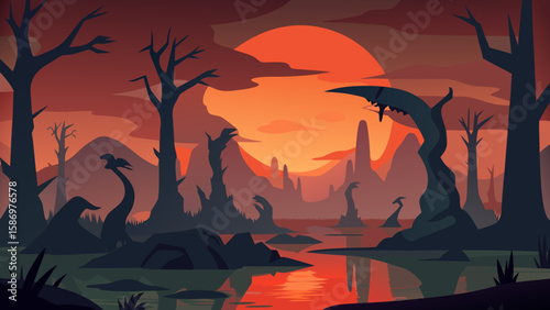 Background Scene of a Pre Historic Swamp at Sunset Ancient Nature