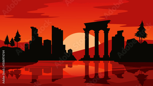 Ancient Ruins at Sunset Background Scene with Historical Architecture