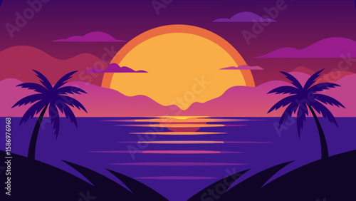 Background Scene of a Vibrant Sunset Over a Calm Ocean Beach View