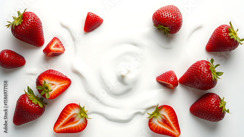 Fresh strawberries scattered around a creamy white swirl of yogurt, creating a vibrant and inviting food composition for a healthy treat.