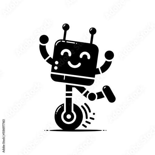 A cheerful robot dancing with one wheel and antennas