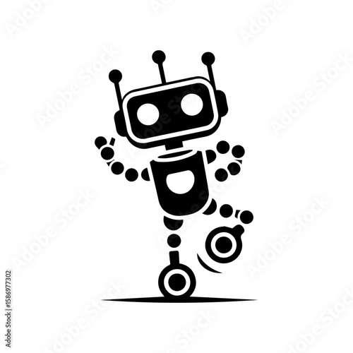 A cheerful robot dancing with one wheel and antennas