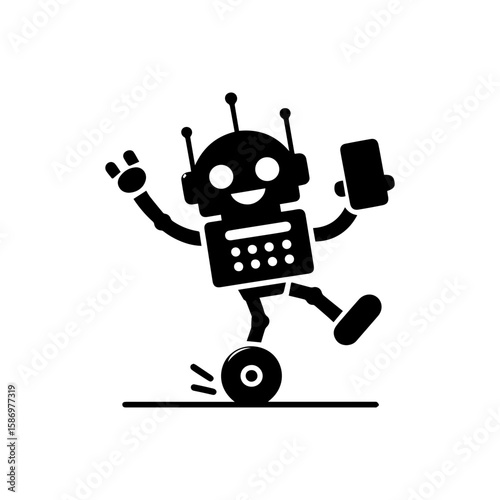 A cheerful robot dancing with one wheel and antennas