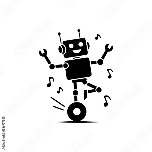 A cheerful robot dancing with one wheel and antennas