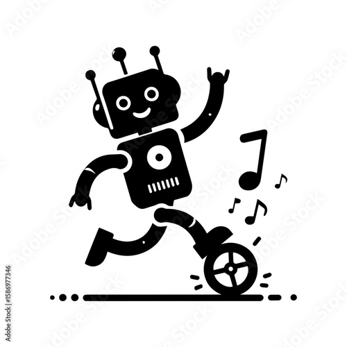 A cheerful robot dancing with one wheel and antennas